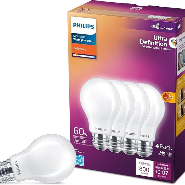 Philips LED A19 Ultra Definition Frosted Dimmable LED Light Bulbs - Flicker-Free 60w Light Bulbs with EyeComfort Technology - Soft White 2700K Lightbulb - 800 Lumen - E26 Base - 4 Pack