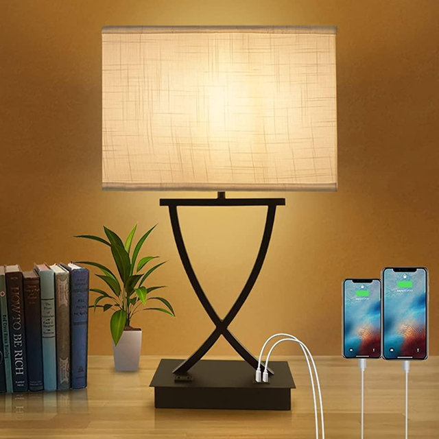 OYedis 3-Way Dimmable Touch Control Table Lamp with Type C/USB Charging Port and 1 AC Outlet White Linen Shade 21.38" Bedside Lamp for Bedroom Living Room Office and Hotel Bulb Included (Matte Black)