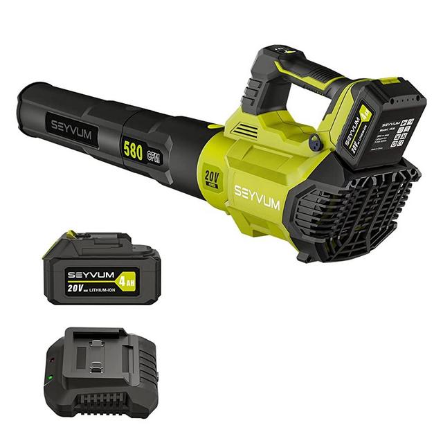 SEYVUM Leaf Blower - 580CFM 20V MAX Leaf Blower Cordless with 4.0 Battery & Fast Charger, 3-Speed Dial Electric Leaf Blower for Lawn Care, Battery Powered Leaf Blower Lightweight for Patio, Yard, Snow