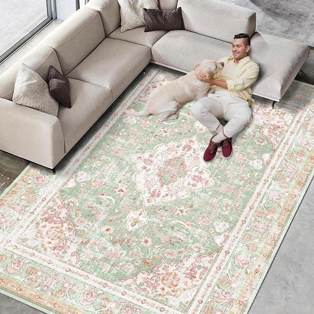 Vhong Washable Area Rugs Boho Vintage Modern Neutral Large Carpet Green and Pink High Traffic Rugs 8×10 for Dinning Room Living Room Bedroom Farmhouse Non Slip