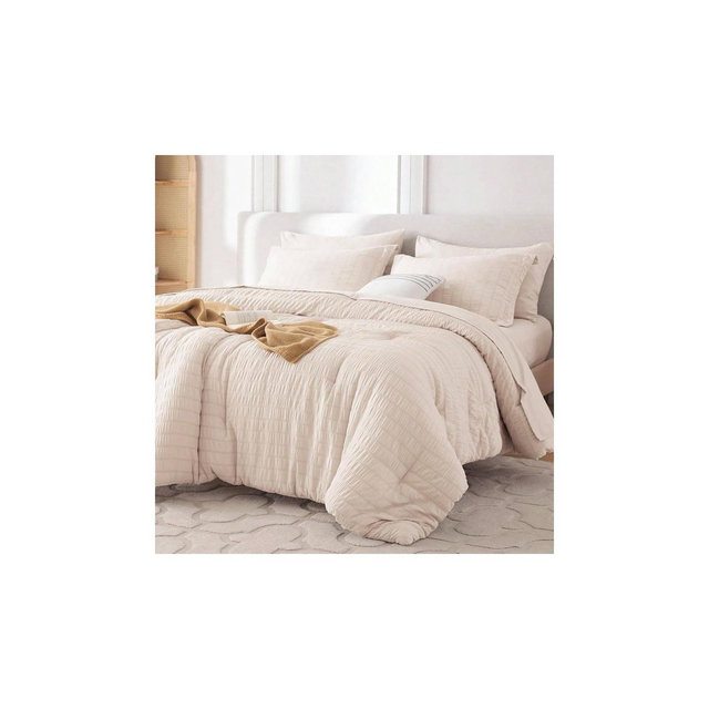 7 Piece Queen Comforter Set, Seersucker Bed in a Bag, Beige, All Season Luxury Bedding with Sheets, Pillowcases Shams. Beige Queen