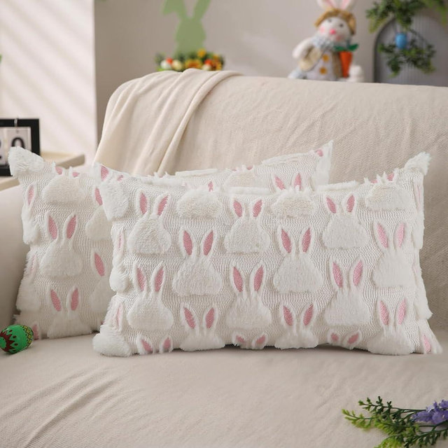 DFXSZ Easter Pillow Covers 12x20 inch Set of 2 Easter Decorations Pink Ears White Rabbit Soft Plush Faux Fur Jacquard Throw Pillows for Bedroom Sofa Holiday Festivals Home Decor FHJ-07D12