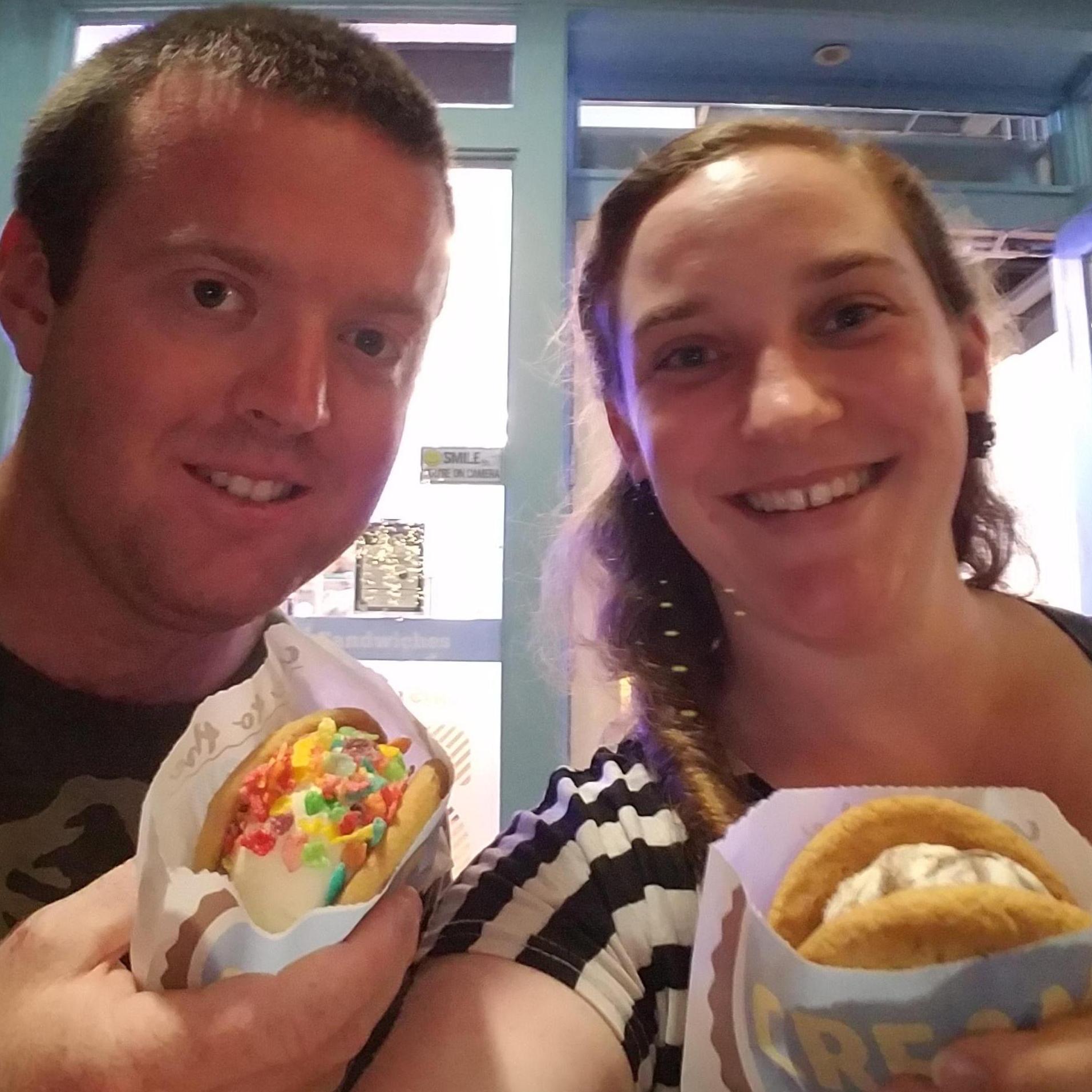 Enjoying one of our favorite treats: CREAM ice cream sandwiches.