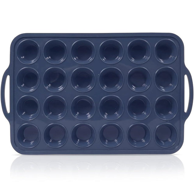 Vnray Mini Silicone Muffin Pan with Metal Frame, Non Stick Silicone Cupcake Pan with Handles 24 Cup, BPA Free Silicon Muffin Tin Tray Small for baking, egg bites, Cupcake Mold Grey
