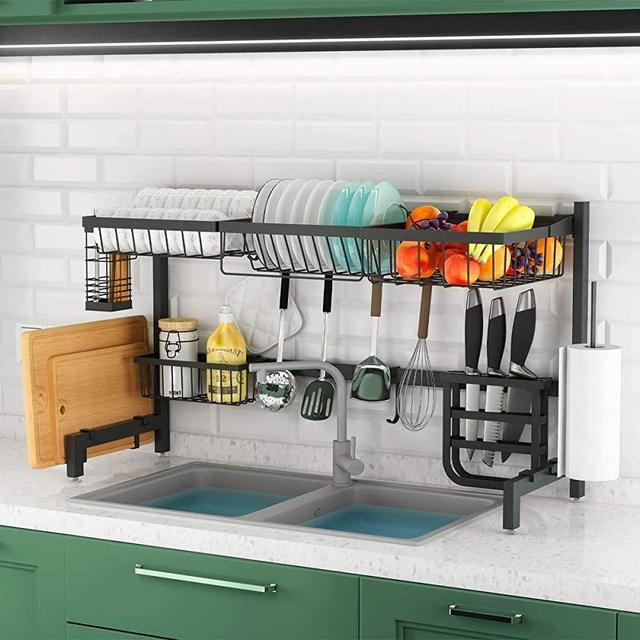 Over The Sink Dish Drying Rack, Adjustable (33.4"-41.3") 2-Tier Stainless Steel Dish Drainer, Large Dish Racks for Kitchen Counter Storage Organizer with Utensil Holder and 10 Utility Hooks