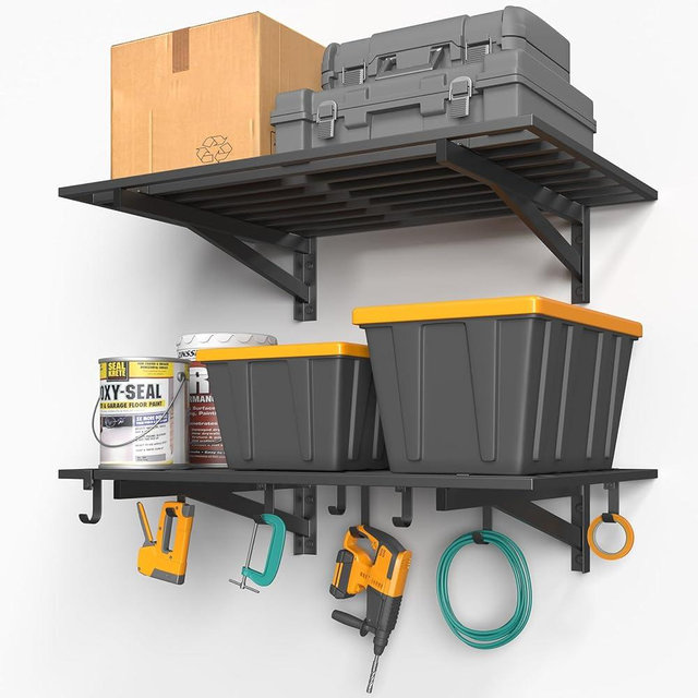 Jusgym 2-Pack 2x3ft Garage Shelving Wall Mounted, 2' x 3' Heavy Duty Garage Storage Shelves with Hooks, 500LB Capacity