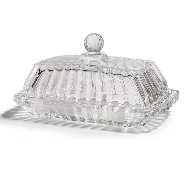 Clear Glass Butter Dish with Lid - Covered Butter Container Holder Keeper Tray Plate for Kitchen,Tabletop Countertop & Refrigerator | Safe Holds 1 Standard 4oz Butter Sticks