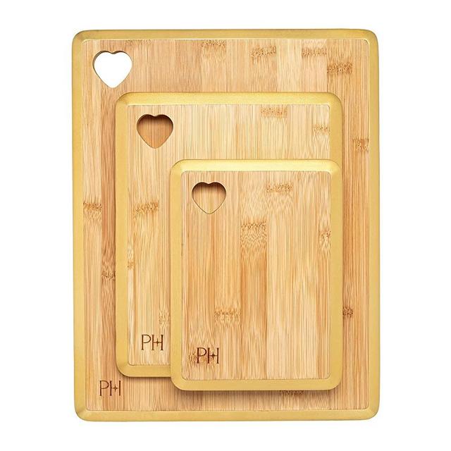 Paris Hilton Reversible Bamboo Cutting Board Set with Heart Shaped Cut-Out Design, Glamorous Gold Edge Detail and Multiple Board Sizes, 3-Pieces, Gold