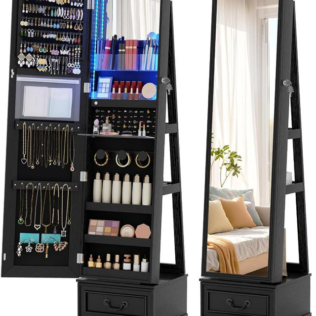 Vlsrka Mirror Jewelry Cabinet Standing, 360° Swivel Jewelry Armoire with Full Length Mirror, Lockable Mirror with Jewelry Storage, 3-Color LED Lights, Foldable Makeup Shelf, Black
