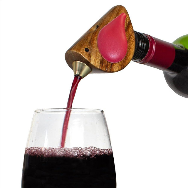 Songbird Specialties Wine Bottle Pourer, Fun Wine Pourer Spout Sings While It Pours, Airtight Wine Bottle Sealer, Acacia Wood with Red Wings