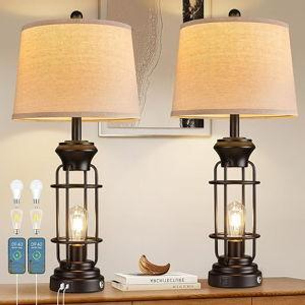 Table Lamp Set of 2 with USB Ports, 29.3" Tall Farmhouse Table Lamp with 2 Nightlight Bulbs,Touch Control Table Lamps for Bedroom, Rustic Bedside Lamp for End Tables,Bulbs Included,Black