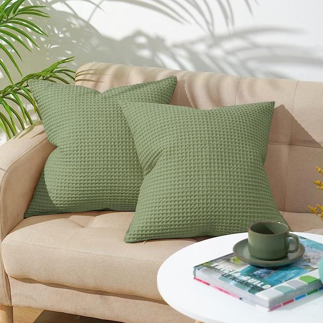 PHF 100% Cotton Waffle Weave Throw Pillow Cover, 18" x 18", 2 Pack Elegant Home Decorative Square Throw Pillow Covers for Bed Couch Sofa, Green (No Insert)