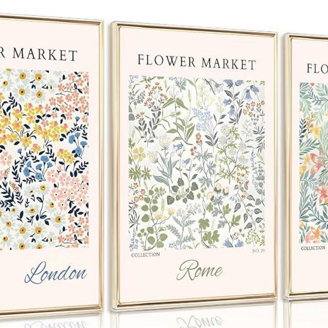 3Pcs Flower Market Wall Art Colorful Floral Aesthetic Botanical Painting Picture Wall Decor Travel City Trendy Poster Print Artwork for Living Room Bedroom Office Home Decoration Unframed
