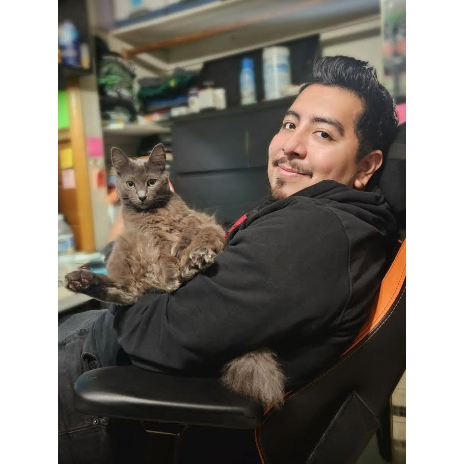 Our kitty always loves lounging on Alex's lap.