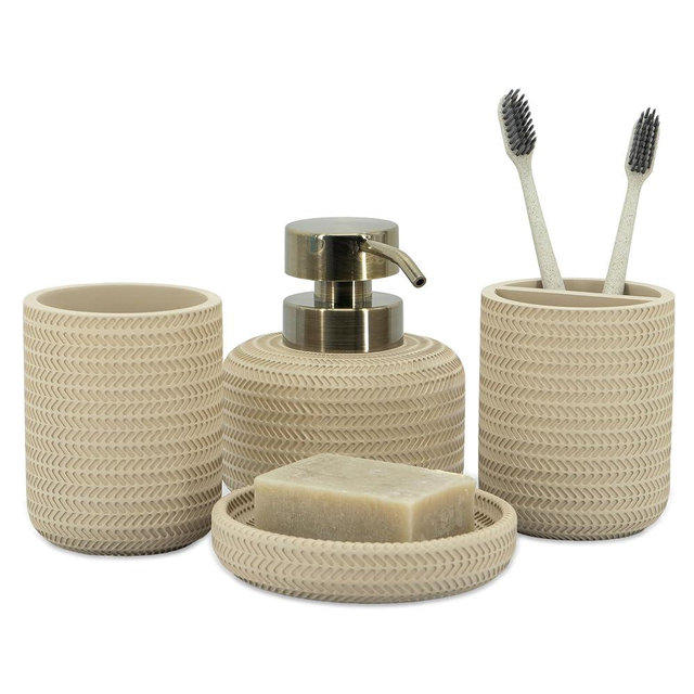 ZCCZ Beige Bathroom Accessories Set 4 Pcs - Toothbrush Holder, Soap Dispenser, Vanity Tray, Tumbler - Countertop Organizer for Bathroom Decor - Stylish and Functional Accessory Set for Home