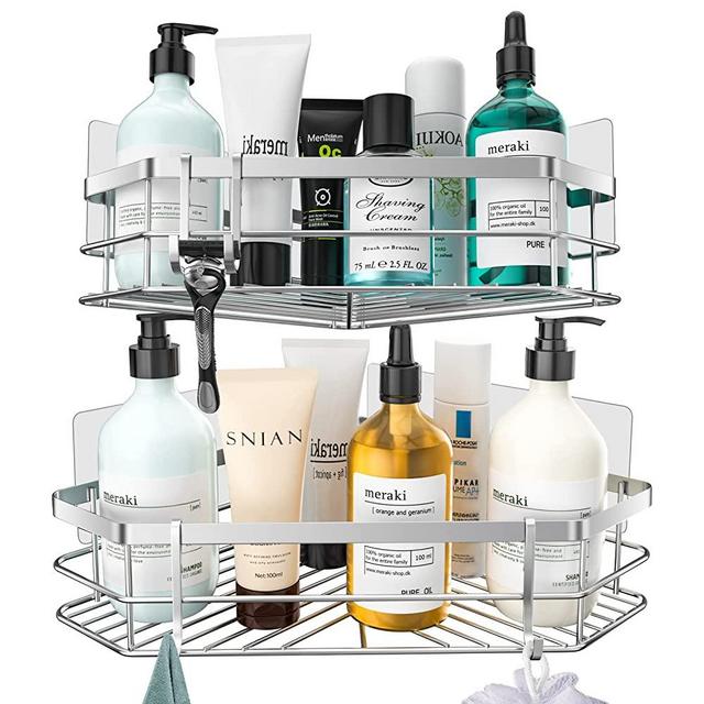 Yazoni Corner Shower Caddy 2Pcs, Bathroom Shower Shelves Corner with 4 Movable Hooks and 6 Adhesives, No Drilling Shower Organizer Corner, Rustproof No Water Accumulation Shower Shelves (Silver)