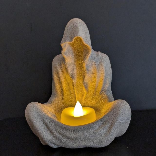 Tea Light LED Candle Holder - Resin Meditating Ghost - Grim Reaper - Sitting Ghost - Halloween Decor - Gothic Decor - Scary, Mysterious