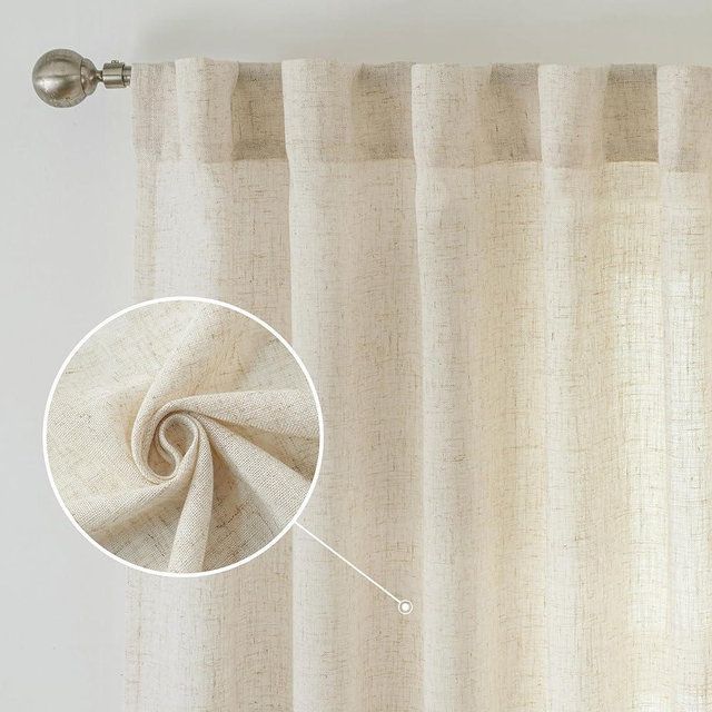 DriftAway Natural Linen Curtains 84 Inches Long for Living Room Semi Sheer 2 Panels Farmhouse Real Flax 3 Inch Rod Pocket Back Tab Boho Rustic Light Filtering Window Drapes for Bedroom Privacy Assured