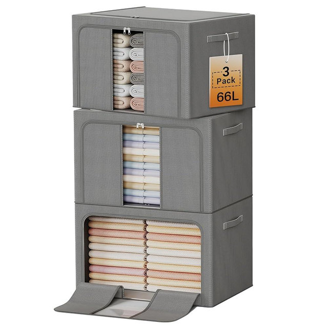 LeArex Clothes Storage Bins with Metal Frame, Foldable Clothes Organizers Storage Containers for Clothes, Sheets, Blankets, Pillows and Towels （66L, 3 Pack, Deep Grey