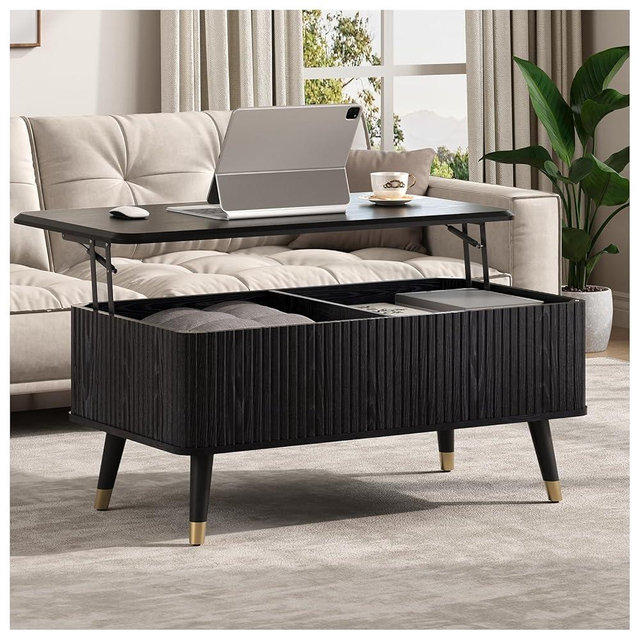 Vanvuson Lift Top Coffee Table with Storage, Modern Coffee Table with Solid Wood Legs, 38" Minimalist Fluted Center Table for Living Room, Home Office, Black