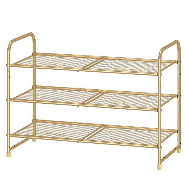 Simple Trending 3-Tier Stackable Shoe Rack, Expandable & Adjustable Shoe Shelf Storage Organizer, Metal Mesh, Gold