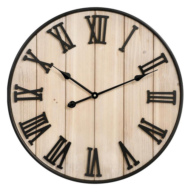 MODE HOME Large Rustic Wooden Wall Clock, 24 Inch Wooden Farmhouse Wall Clock with Carved Roman Numerals, Silent Battery Operated Round Vintage Clock for Living Room, Kitchen, Bedroom, Study Room