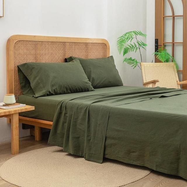 BESTOUCH Sheet Set 100% Washed Cotton Linen Feel Super Soft Comfortable Chic Lightweight 4 Pcs Home Bedding Set Solid Olive Green Queen