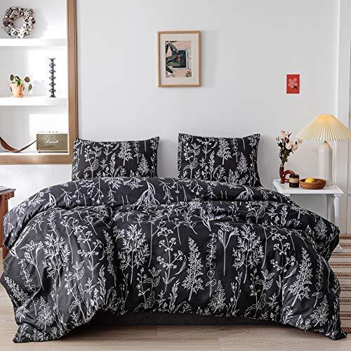 Janzaa 3pcs Black Comforter Sets King, Soft Microfiber Bedding Plant Printed on Black Comforter with 2 Pillow Cases for All Seasons(King)