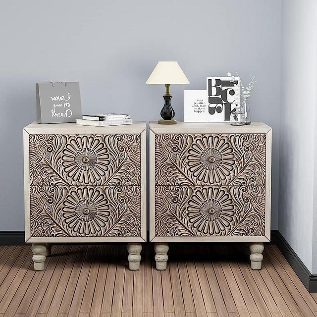 HOMPUS End Table with 2 Drawers Sets of 2, 2 Tier Bedside Table Sets, Wood Grain Nightstand, Small Accent Table with Pattern Drawer, Side Table for Living Room, Bedroom, Light Grew
