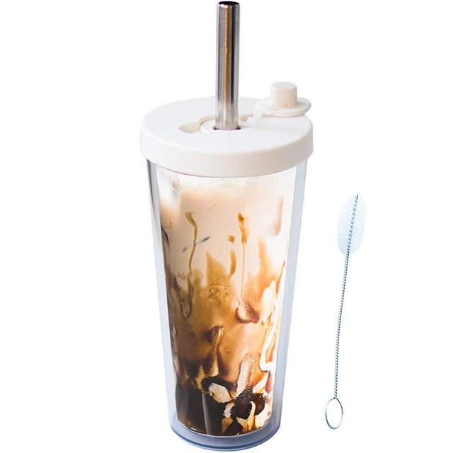 Reusable Boba Cup with Resealable Lid Plug - 17 Oz Double Wall Insulated | Smoothie Tumbler | Wide Stainless Steel Straw For Bubble Tea, Boba Pearls