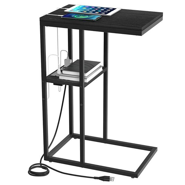 Yoobure C Shaped End Table with Charging Station, Small Side Tables for Living Room, Bedroom, Sofa Table with USB Ports and Outlets for Small Spaces, C Couch Table Rustic Snack Table Bed Side Table