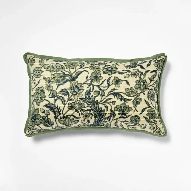 14"x24" Jacobean Floral Throw Pillow Green and Blue - Threshold™ designed with Studio McGee