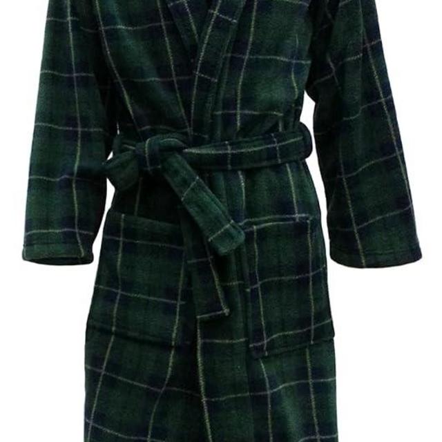 John Christian Men's Fleece Robe Green and Navy Tartan