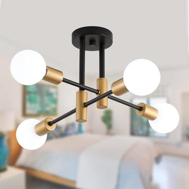 MEIXISUE Black and Gold Modern Sputnik Chandelier Ceiling Light Fixtures,4-Lights Mid Century Industrial Metal Semi Flush Mount Ceiling Lights for Bedroom Kitchen Hallway Entryway Office UL Listed