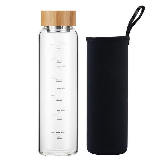 sunkey Glass Water Bottle 32 oz Wide Mouth with Sleeve Bamboo Lid 1 Litre Motivational Water Bottle With Time Marker Reusable Safe for Hot Cold Drinks Bpa Free (Black)