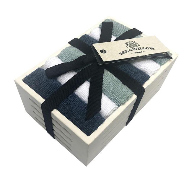 Bee & Willow™ Home Navy/White Washcloths in White Wooden Basket (Set of 6)