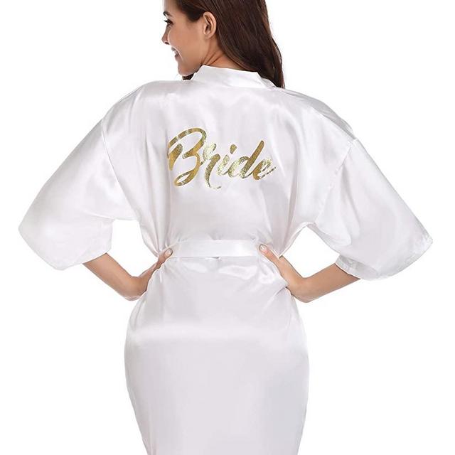 Vlazom Women's Satin Robe Short Kimono for Bride & Bridesmaid Wedding Party Robes with Gold Glitter or Rhinestones