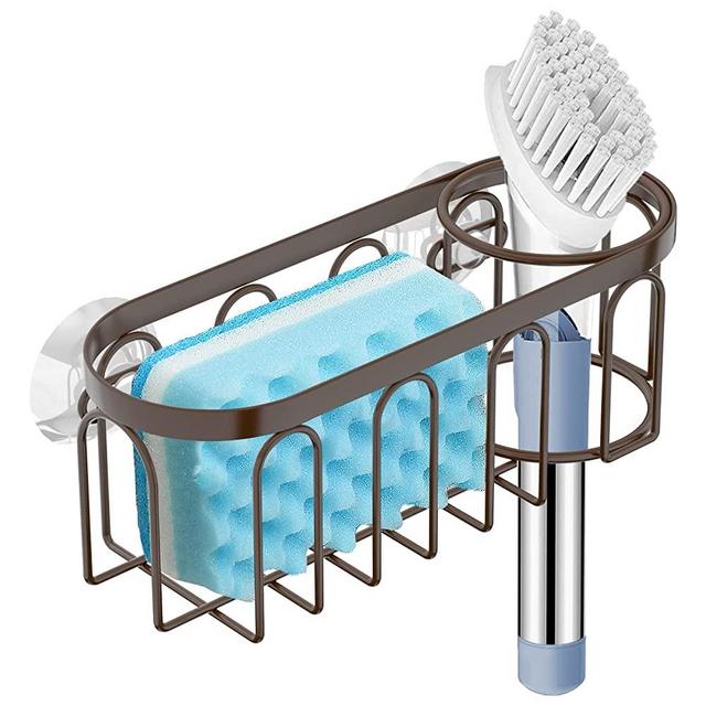 Yazoni 2-in-1 Sponge Holder for Kitchen Sink, Suction Cup Sponge Rack Kitchen Sink Caddy, No Drill Rustproof Kitchen Sink Organizer for Place Dishwashing Brush Soap and Sponge (Bronze)