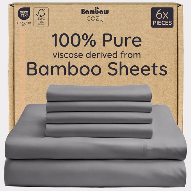 Bambaw 100% Viscose Derived from Bamboo Sheets Queen Size Set – 6pcs Deep Pocket Cooling Queen Sheets, Fits Up to 16'' with Elastic Corner Straps, Buttery Soft Sheets Queen (Dark Gray)
