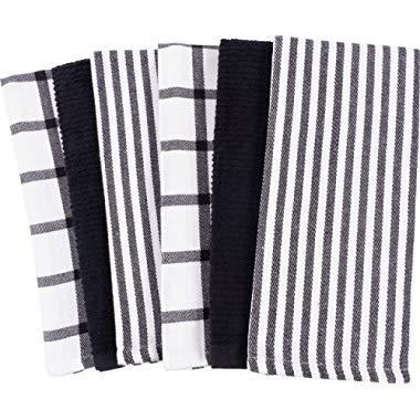 Mixed Flat & Terry Kitchen Towels | Two Sets of 3 18 x 28 Inches | 4 Flat Weave Towels for Cooking and Drying Dishes and 2 Terry Towels, for House Cleaning and Tackling Messes and Spills (Black)