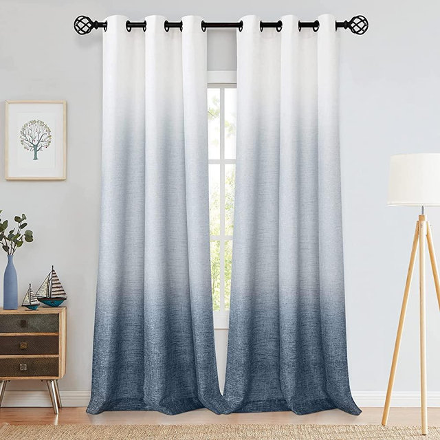 Central Park Ombre Light Filtering Curtain Panel Linen Gradient Print on Rayon Blend Fabric Drapery Treatments for Living Room/Bedroom, Cream White to Indigo Blue, 40" x 84", Set of 2