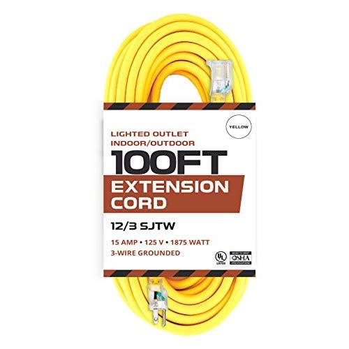 100 Foot Outdoor Extension Cord - 12/3 SJTW Heavy Duty Yellow 3 Prong Extension Cable - Great for Garden and Major Appliances (100 Foot - Yellow)