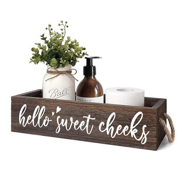 MayAvenue Farmhouse Bathroom Decor Box Hello Sweet Cheeks Double Sided Wooden Toilet Paper Holder Tissue Box with Handles, Bathroom Signs (Brown)