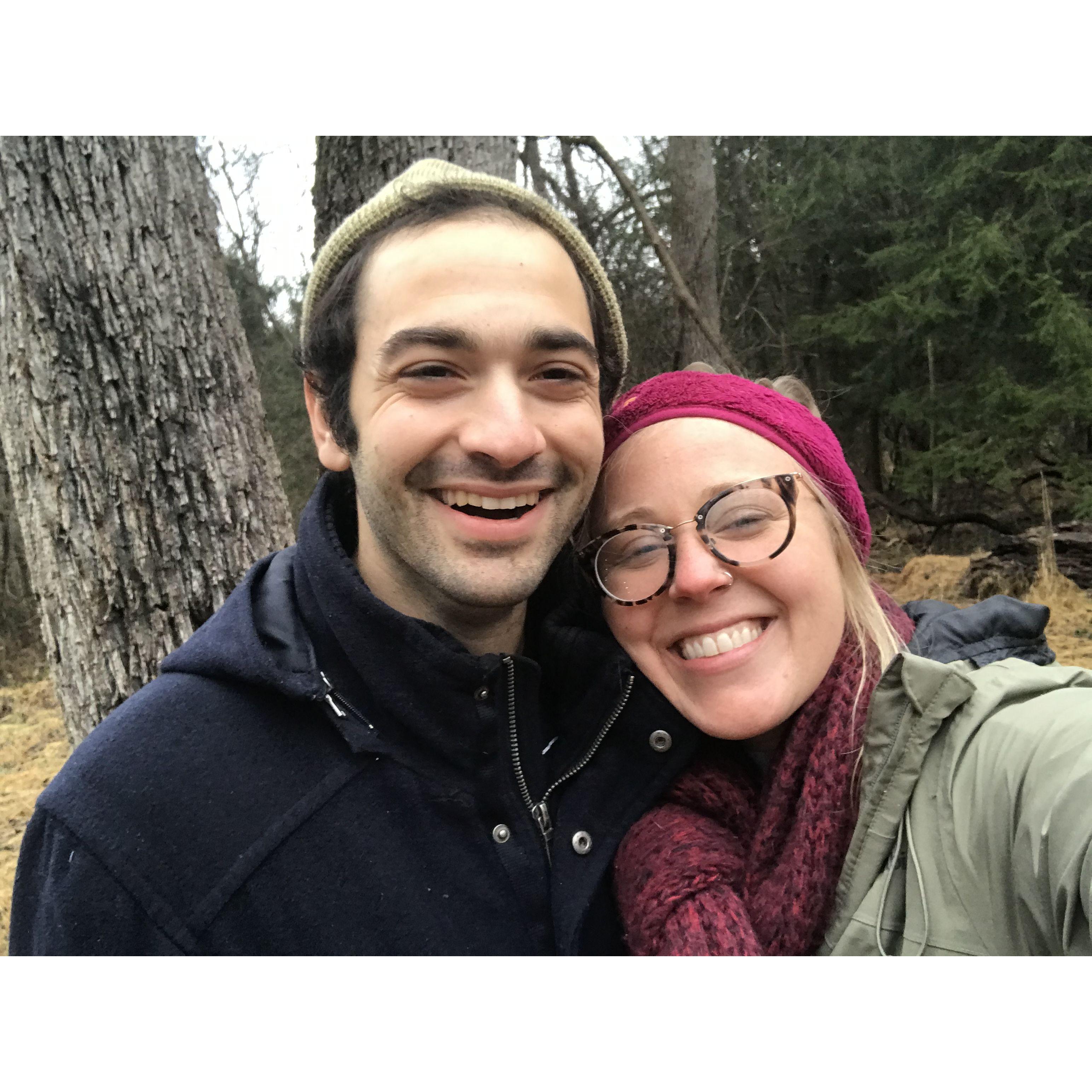 New Years Day 2021. A short hike because Bobby had a shard of glass stuck in his foot, but he's so happy to be in the woods with Annie so you can't even tell. January 2021.