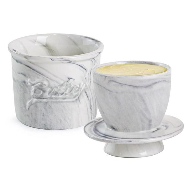 MSJGA Butter Crock for Counter with Water, French Butter Keeper for Spreadable Butter Marble Ceramic Butter Dish with Lid for Countertop, Butter Container Holder, Home Kitchen Decor