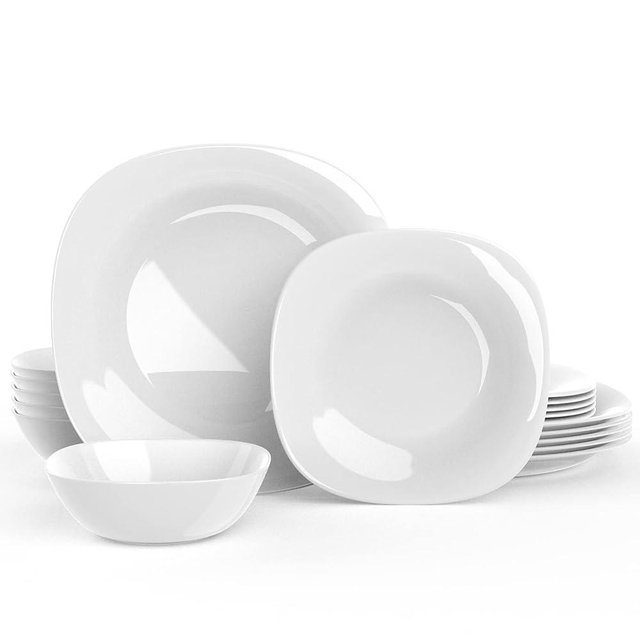 Dinnerware Set, HomeElves Square 18-PCS Kitchen Opal Dishes Set Service for 6, Lightweight Glass Plates and Bowls Set, Break and Chip Resistant, Safety for Microwave & Dishwasher, Square
