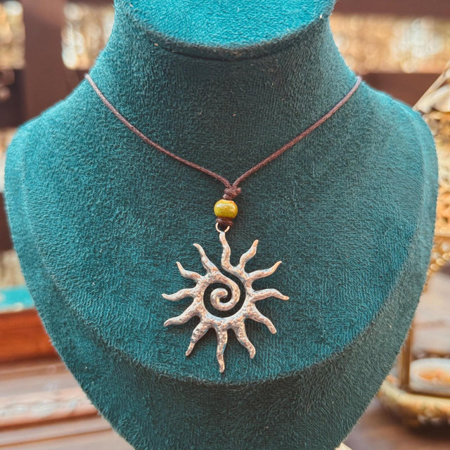 silver swirly spiral sun earthy pendant necklace brown cotton cord with ceramic bead • handmade by me