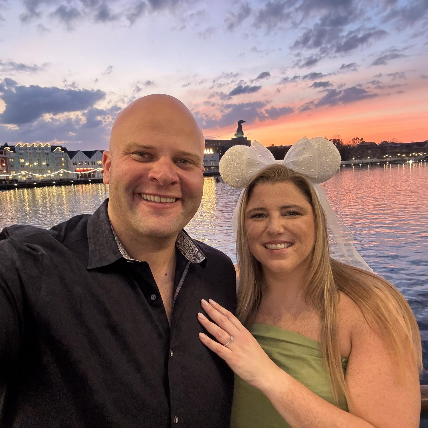 The day of our engagement 2.26.26 during golden hour before a celebratory dinner at Cake Bake.