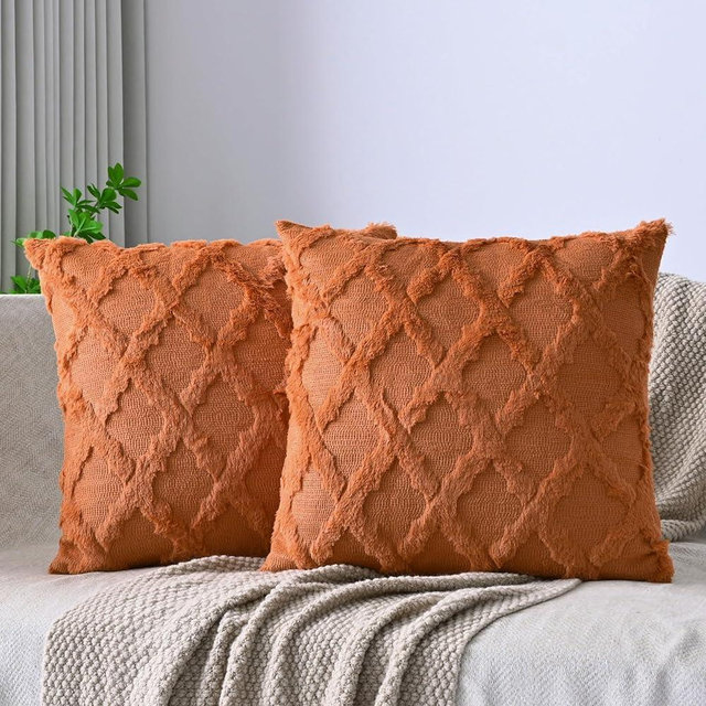 Cozoomy Set of 2 Soft Moroccan Throw Pillow Covers 18x18 Inch Plush Boho Decorative Pillow Cover Accent Cushion Case for Couch Sofa Bed, Burnt Orange