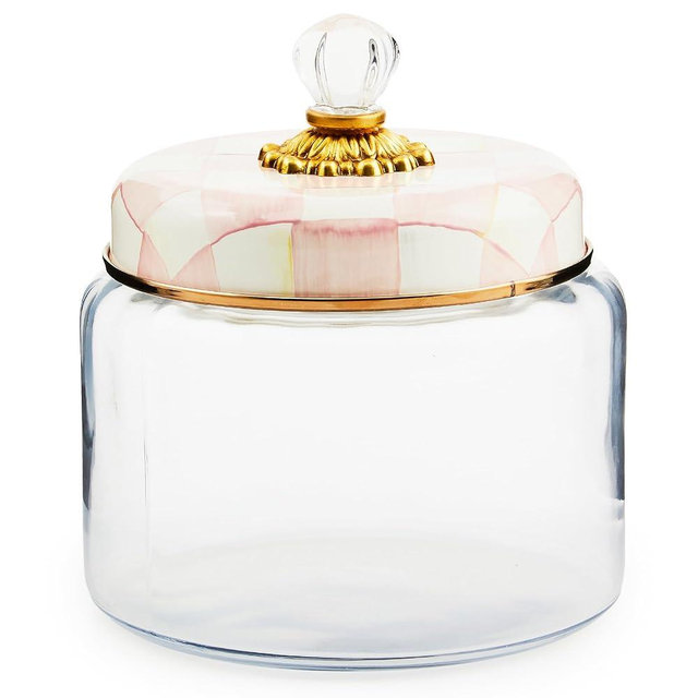 MACKENZIE-CHILDS Rosy Check Kitchen Canister, Decorative Pink-and-White Glass Storage Jar with Lid, Medium